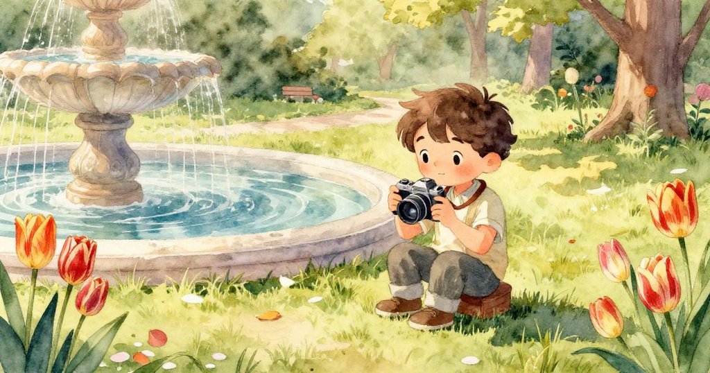 李奧急步走在草地上，鞋尖拂起落花，背景生動展現櫻花飄零與暖光，顯示出急促而活躍的氛圍。