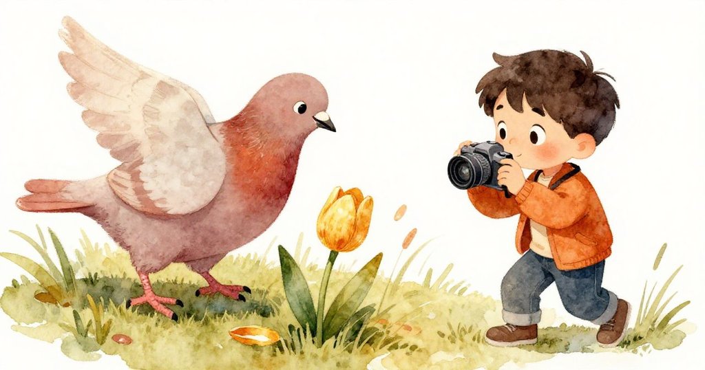 李奧專注拍攝時，一隻小鴿輕輕降臨花圃，揭開隱藏的金色鬱金香，畫面充滿驚喜與自然靈動。