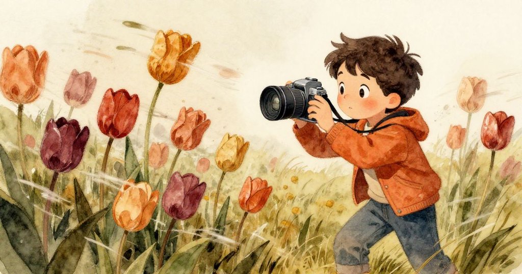 李奧在微風中穩住相機，捕捉蕩漾中隱藏和顯露的鬱金香，畫面動感十足，展現專注與自然之美。