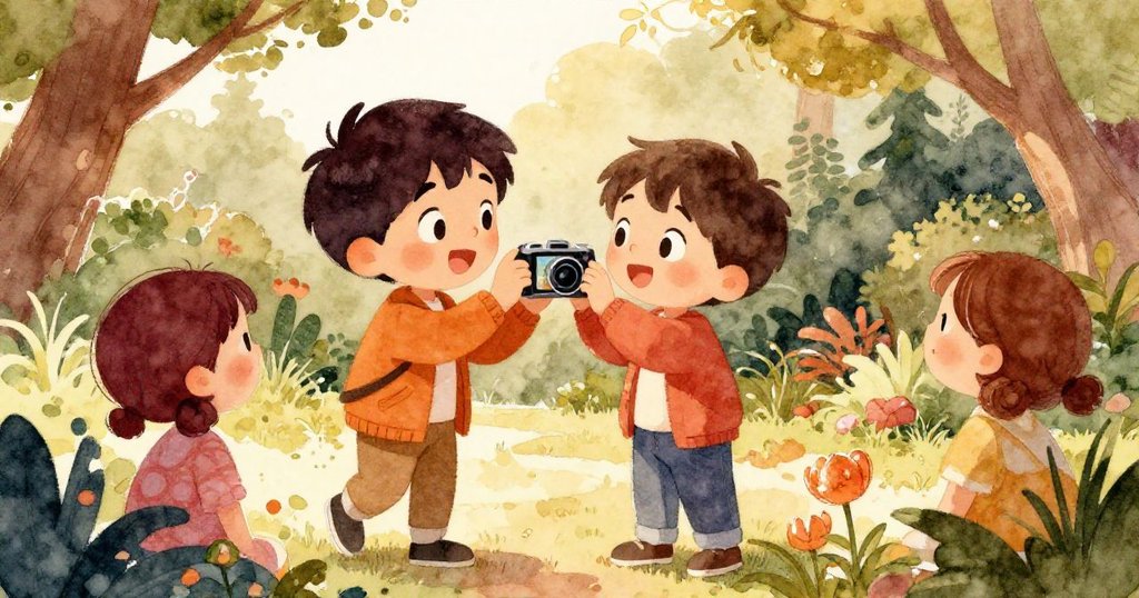 李奧與公園訪客一起觀看相機照片，臉上洋溢著驚喜與快樂，背景顯現豐富自然景致，共享成功喜悅。