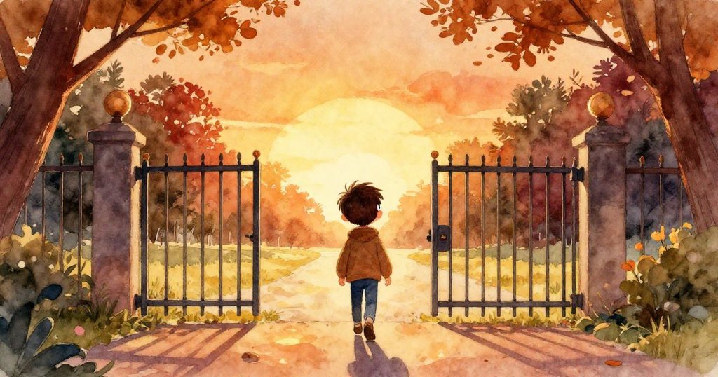 李奧在金色夕陽中離開公園，金屬大門緩緩閉上，背景天際展現溫暖光影，心中充滿滿足與回憶。