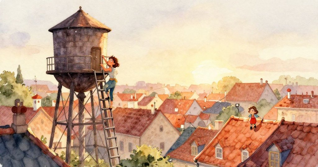 Elena的靴子正穩步踩上搖晃的鐵梯階，細膩展現金色夕陽反射與金屬質感，散發著謹慎與期盼情緒。