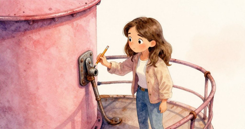 Elena站在水塔平臺上，專注敲打卡住的金屬閘鎖，運用手與筆解決問題，面露堅定與一絲焦急。