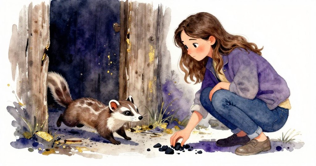Elena在破舊木縫旁彎腰撿拾散落的炭條，一隻小鼬鼠驟然從縫隙中竄出，背後呈現暗紫與金色對比，充滿意外驚喜。