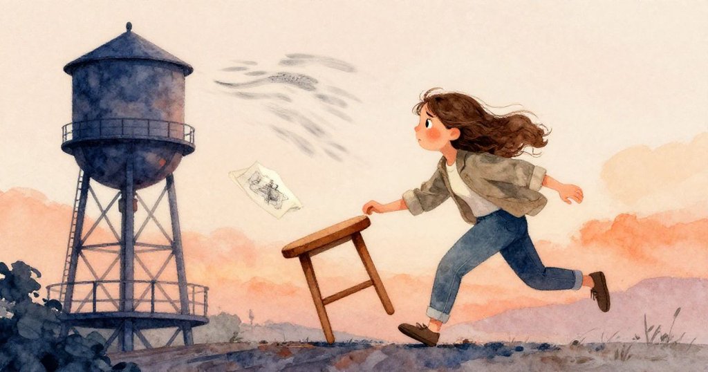 Elena在水塔平台上急忙抓住被風吹起的畫冊並穩住倒塌的凳子，面帶驚慌與專注，背景呈現夕陽與暗藍微光交織。