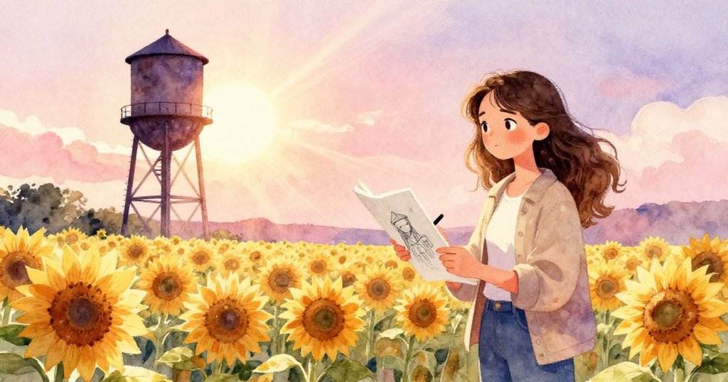 Elena在水塔下的向日葵田旁微笑著，舉著完成的畫作，夕陽金光柔和灑於房屋與水面上，展現希望與完結。