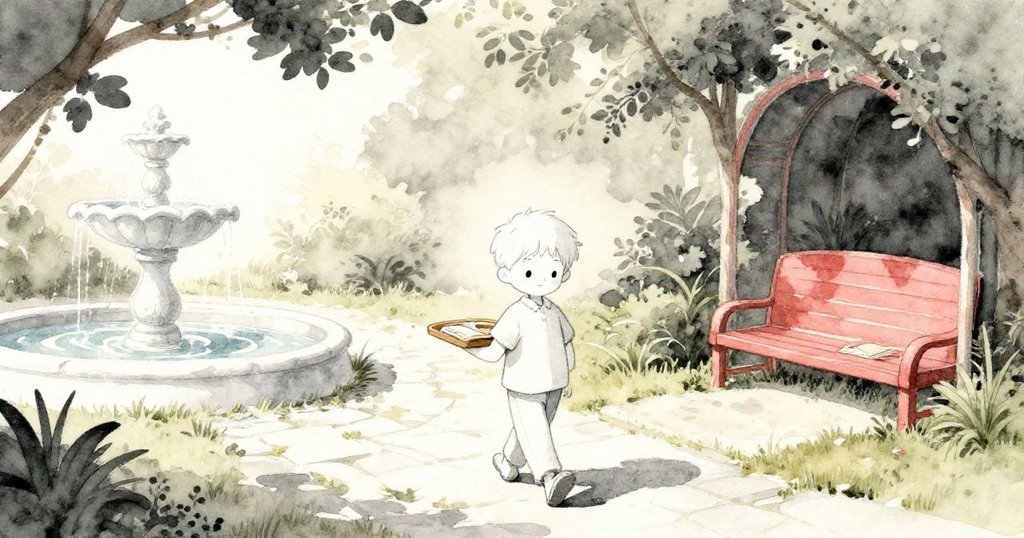 米洛手持木盤走在石板路上，朝著花園噴泉邁步，午後光線穿過樹枝，環境溫馨，展開故事開端的動態情景。