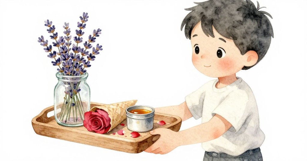 米洛專注展示木盤上的玻璃罐、紙錐與蜜杯，手部動作細緻，物品細節清晰，描繪故事發展初期的溫馨畫面。