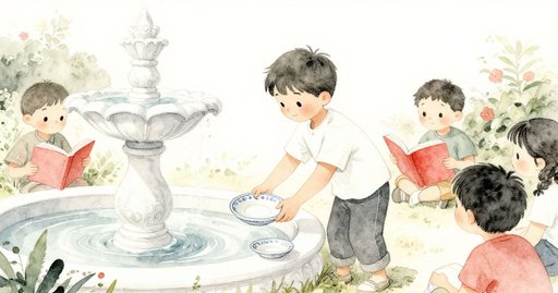 Milo Beside the Garden Fountain