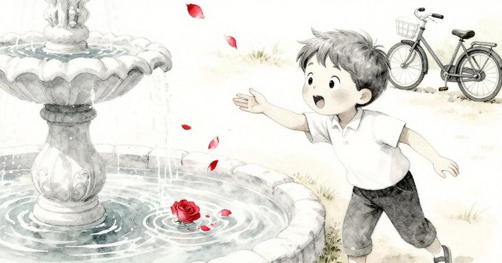 米洛驚訝地看著玫瑰花瓣因自行車鈴聲脫手落入噴泉，水面泛起柔和漣漪，情境生動充滿動感。