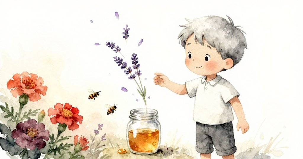 米洛在微風吹拂下微笑，薰衣草花蕾意外落入蜜杯，吸引蜜蜂採蜜，場面充滿魔幻與溫馨氛圍。