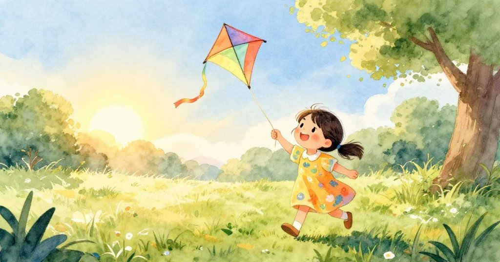 Mia走進公園持著五彩風箏,晨曦照亮綠意草地,臉上流露出興奮與期待,展開美好開始