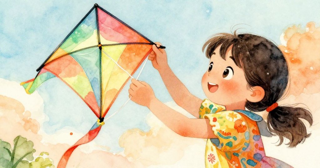 Mia仔細檢視色彩繽紛的風箏,手握風箏線,輕柔晨光中展現好奇與期待的神情