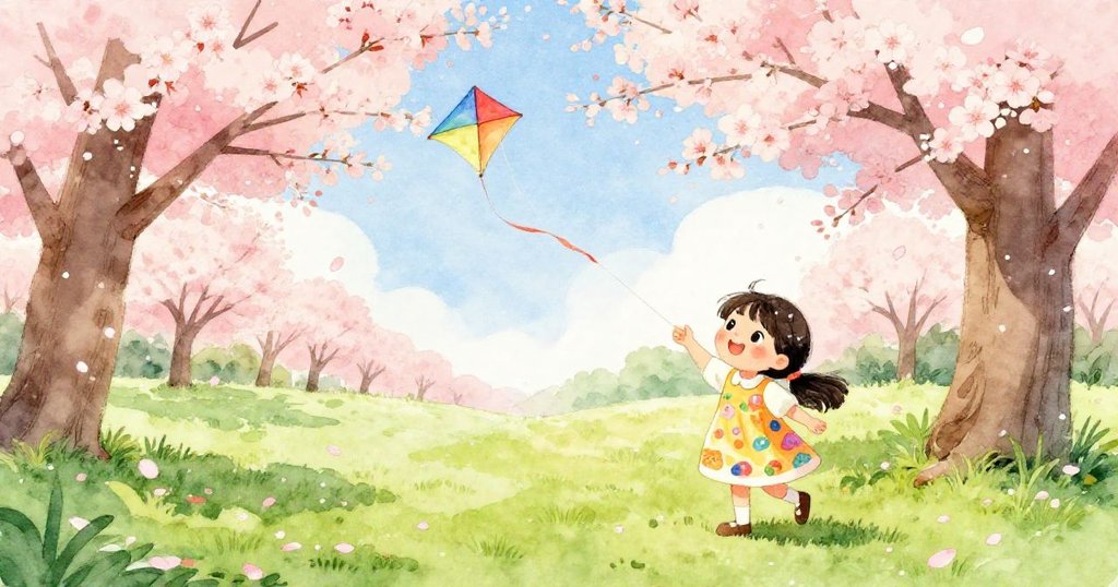 櫻花盛開的公園裡,Mia與自然互動,迎接飄落的櫻花瓣,風箏在背後輕輕搖曳,展現春日溫柔