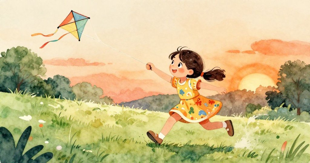 Mia在公園下坡飛奔,鞋子掠過綠草,風箏短暫低垂後等待新的風力,臉上流露出堅定與快樂