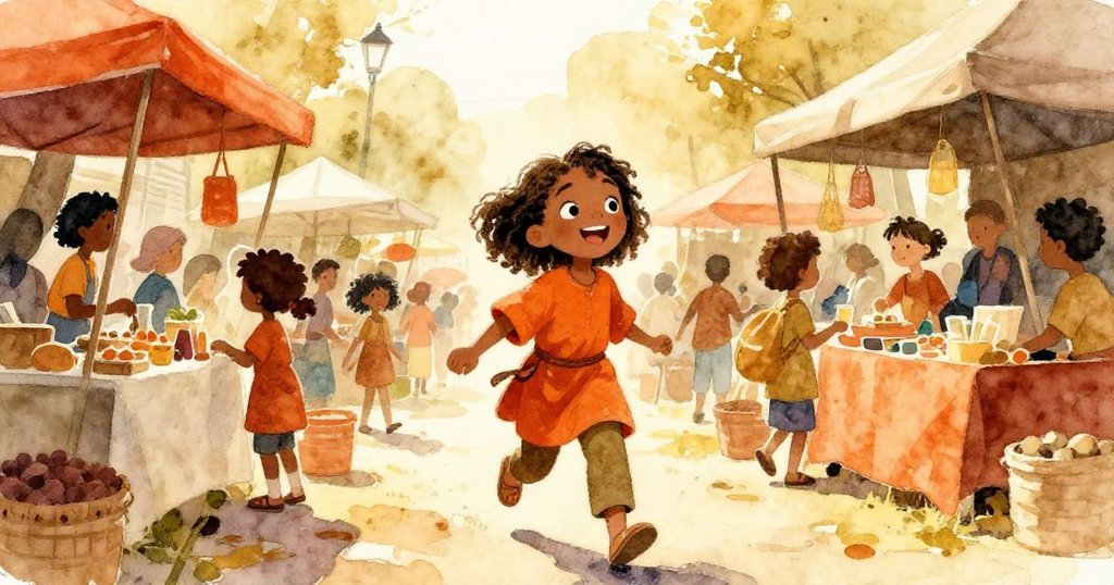 妮婭步入熱鬧市集,背景充滿鮮豔攤位和忙碌人群,神情充滿期待與活力。