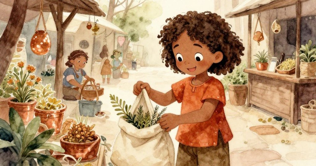 妮婭細心翻看她的布包,露出些許香草,神情專注希望,背景隱約呈現市集走道。