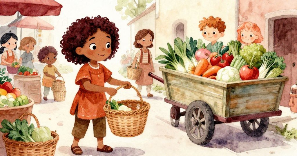 妮婭在狹窄攤道中穿梭,左側人群推動籃子,右側滿載蔬菜的推車阻路,神情堅定又專注。