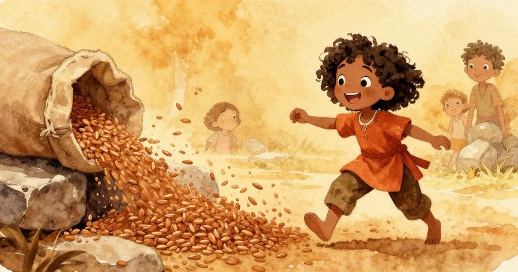 輕柔風起動鬆散的穀粒,石板上閃爍著如珠光般的細節,妮婭微笑凝望,神情充滿欣賞。