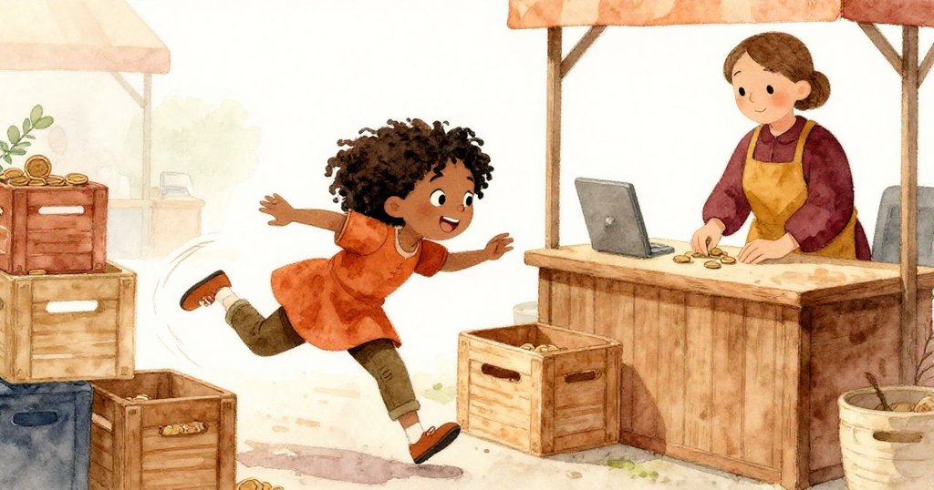 妮婭側滑穿過貨架,肩膀輕觸木箱,靠近櫃台的出納員微笑應對,場景充滿動感與溫暖氣息。