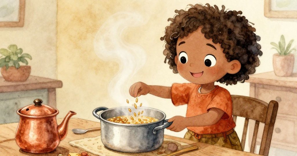 妮婭在書桌前準備溫馨餐點,銀鍋中穀粒跳舞,蒸氣緩緩升起,神情愜意滿足,結束繁忙市集歷險。