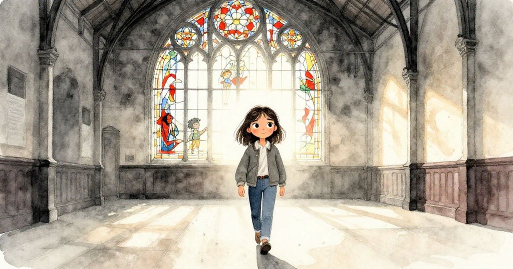 米婭清晨走向安靜的火車大廳,踏在濕潤路面上,目光堅定,彩繪玻璃窗在黎明中透出神秘光芒。