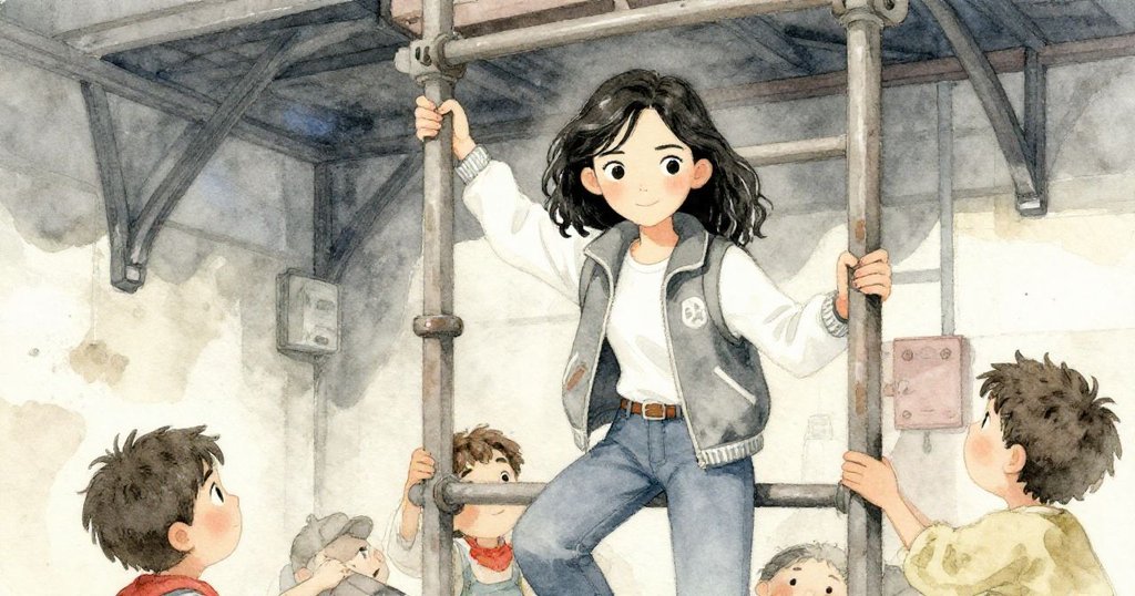 米婭透過窄縫觀察室內支架,她小心移動手持相機,塵埃在藍光中飛舞,神情專注且謹慎。