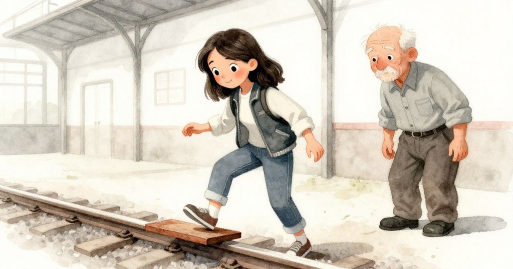 米婭小心踩過搖晃木板,注意到背景中年長看守悄悄接近,場景中柔和光線與轉換氣氛明顯。