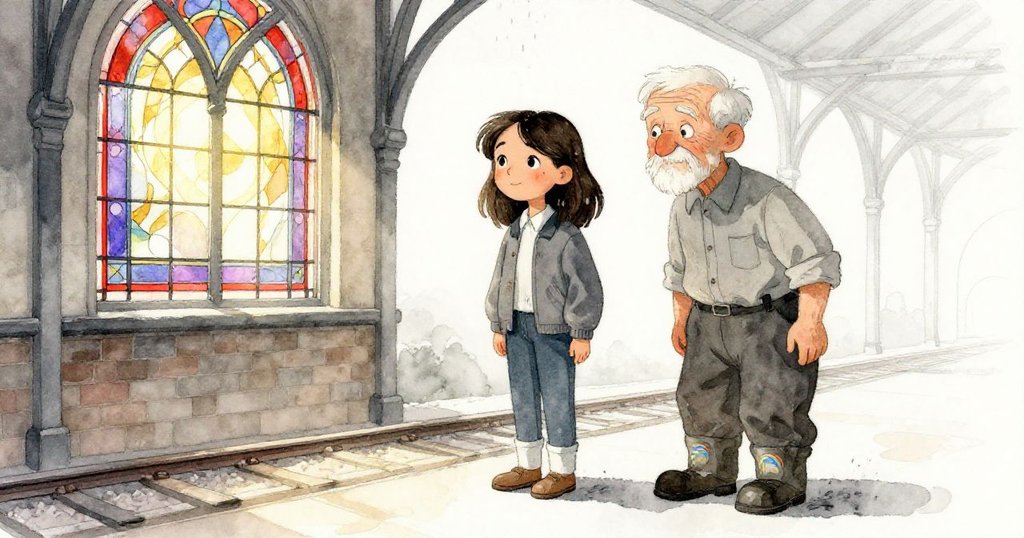 米婭與年長看守在光輝彩窗前和諧共處,彩光在周圍閃爍,兩人共同迎來成功與溫暖晨曦。