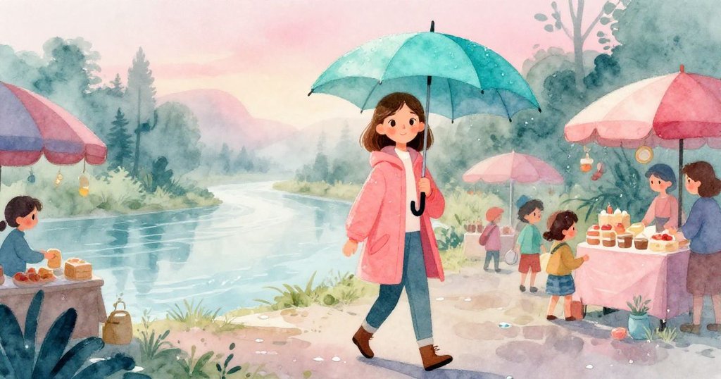 瑪琳撐著傘走向晨霧中的河邊市場，期待眼神中散發溫柔光芒，背景呈現雨後朦朧活力市集