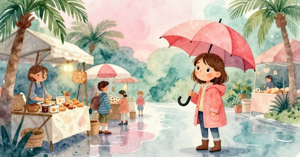 瑪琳穿行於雨後市場，掛布隨風輕舞，水坑反射柔光，季節氛圍中展現自然復甦的詩意