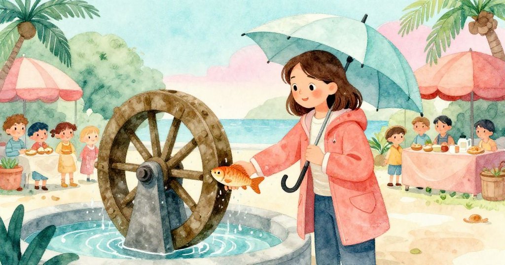 瑪琳輕放小木魚入噴泉輪間隙，水珠折射出彩虹光芒，市場背景恢復寧靜和諧，故事圓滿收尾