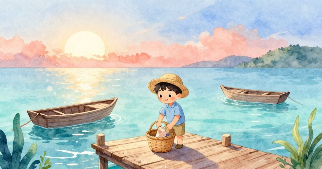 凱在黎明時分於木船碼頭打包籃子,充滿期待與忙碌感,背景有溫暖朝陽和寧靜海面。