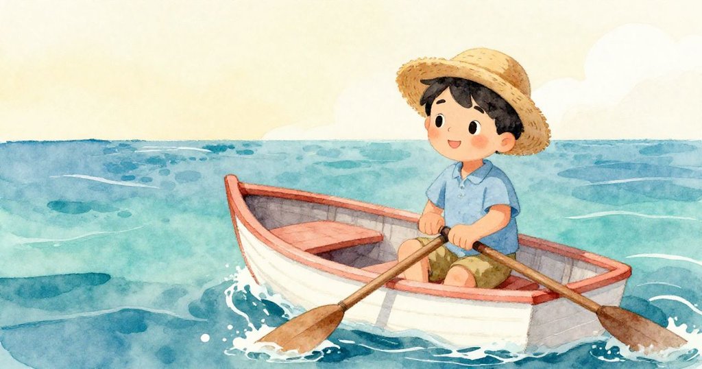 凱在船上用力划船,甲板上足跡清晰,海浪輕拍木船,面帶決心,背景透露晨光柔美。