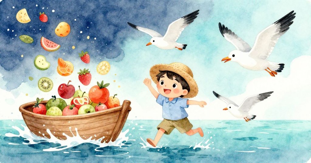 凱的船上,一邊水果從籃子掉落激起水花,另一邊海鷗驟然靠近,畫面充滿動感與驚訝表情。
