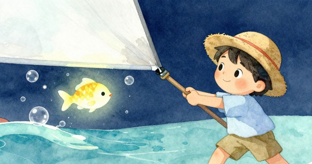 凱伸手從鬆動帆布下拉出槳,意外發現一隻發光的小魚,銀色泡泡環繞,面露驚奇神情。