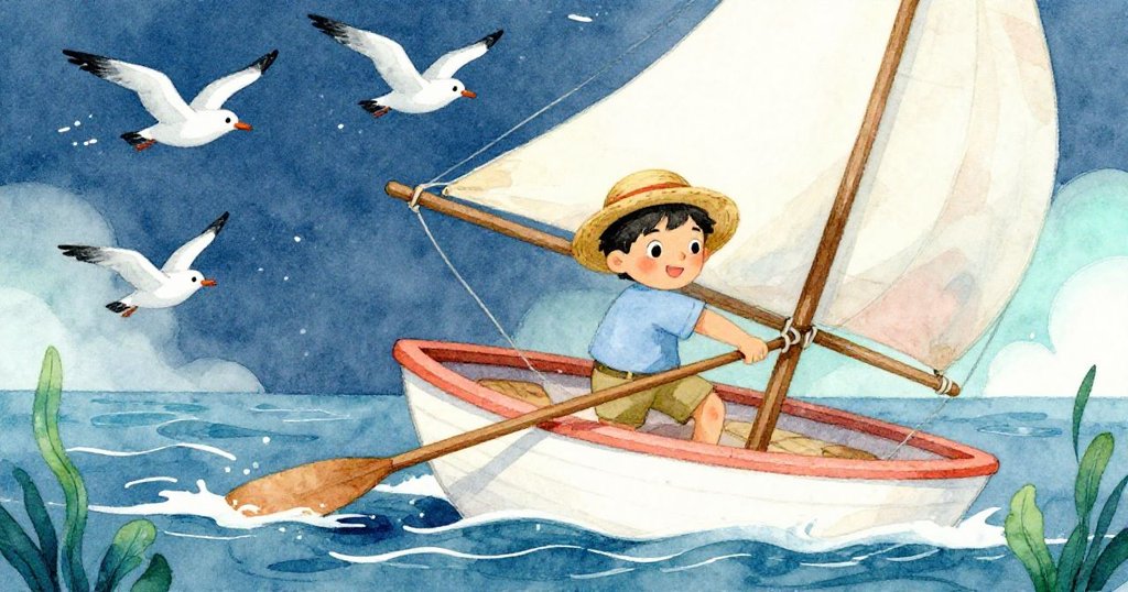 凱奮力收回槳,海鷗在空中驚慌飛散,船帆劇烈拍動,展現緊張追逐感與動態風情。