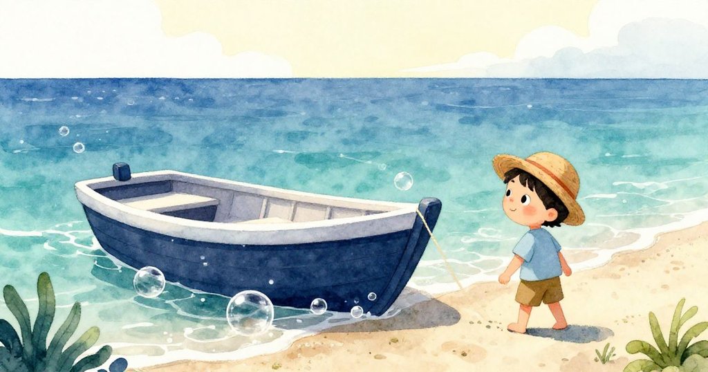 凱的木船緩緩靠近沙灘,周圍銀色泡泡閃爍,海面平靜,他臉上滿是滿足與平安的微笑。