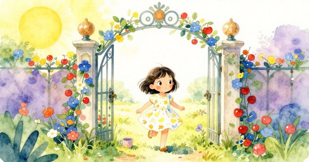 米婭踏出花園大門，走向陽光燦爛的草地，臉上滿懷期待與好奇，展開充滿趣味的冒險。