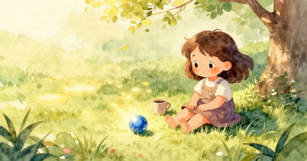 米婭赤足走在露水晶瑩的草地上，草地上擺著圓形杯和藍色彈珠，畫面展現自然細膩觸感。