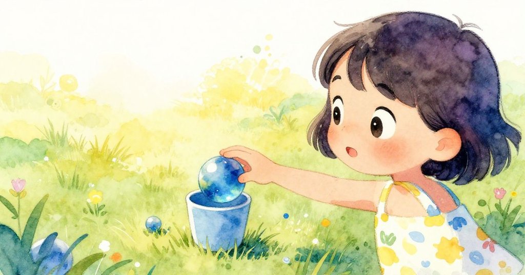 從背後視角看米婭專注滾動藍色彈珠，她伸手指向等待的杯子，臉上滿是興奮與期待。