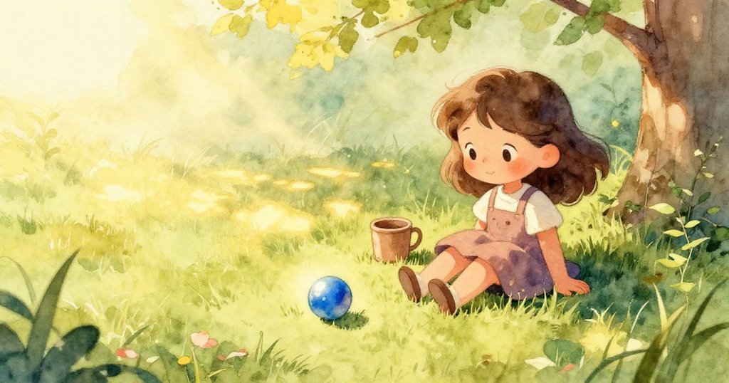 藍色彈珠近拍呈現夢幻般的露珠效果，如同水下微光閃爍，綠草和晶亮光影營造出神秘意境。