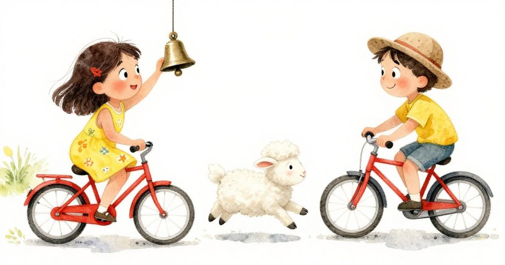 自行車騎士搖鈴發出清脆聲響，小羊因驚而迅速一躍，米婭眉宇間流露驚喜，場面活潑生動。