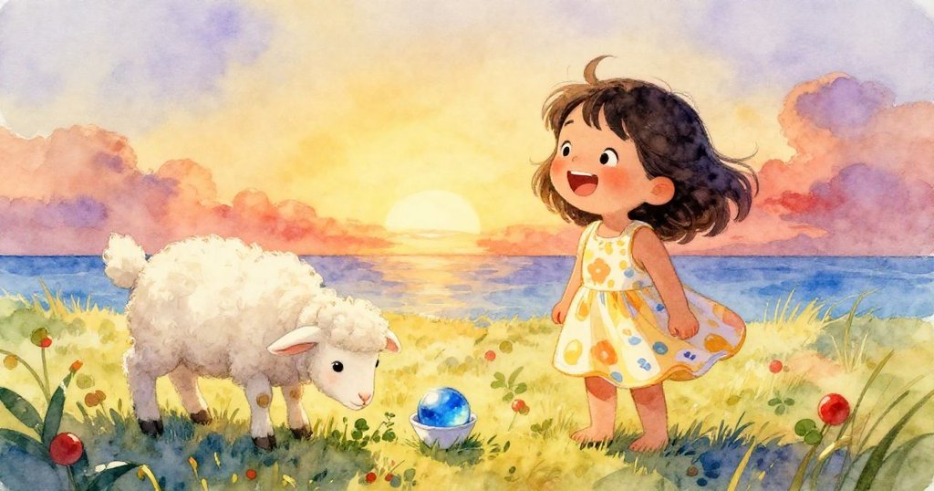 夕陽下米婭開心地笑著，小羊悠然採食苜蓿，藍色彈珠安穩停入杯中，新彈珠靜待續篇，場景平和温馨。