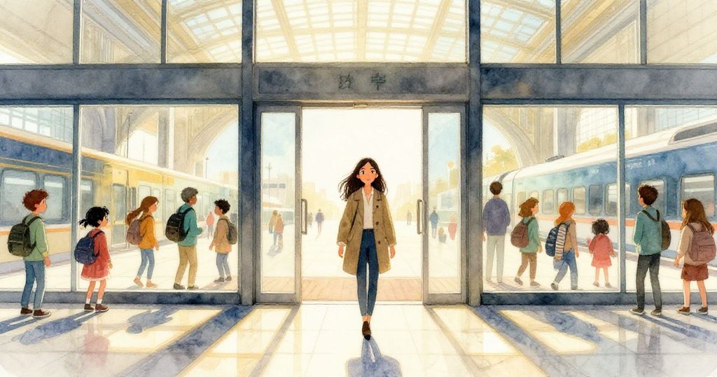 馬拉踏入中樞車站的大玻璃門，反射著陽光與忙碌背景，眼神充滿期待和堅定。