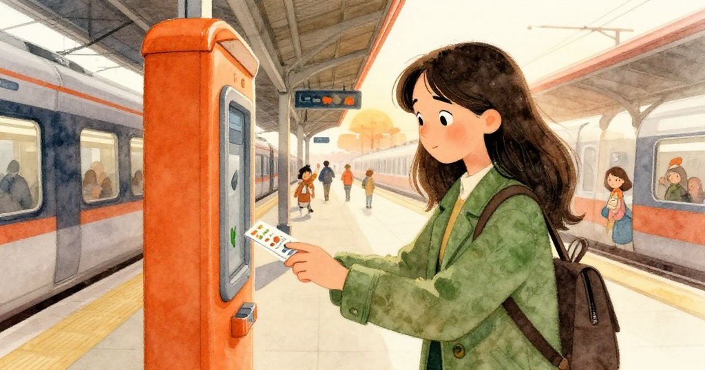 馬拉伸手輕觸橙色轉閘上的感應卡，背景顯示忙碌車站與晨光，神情專注堅定。