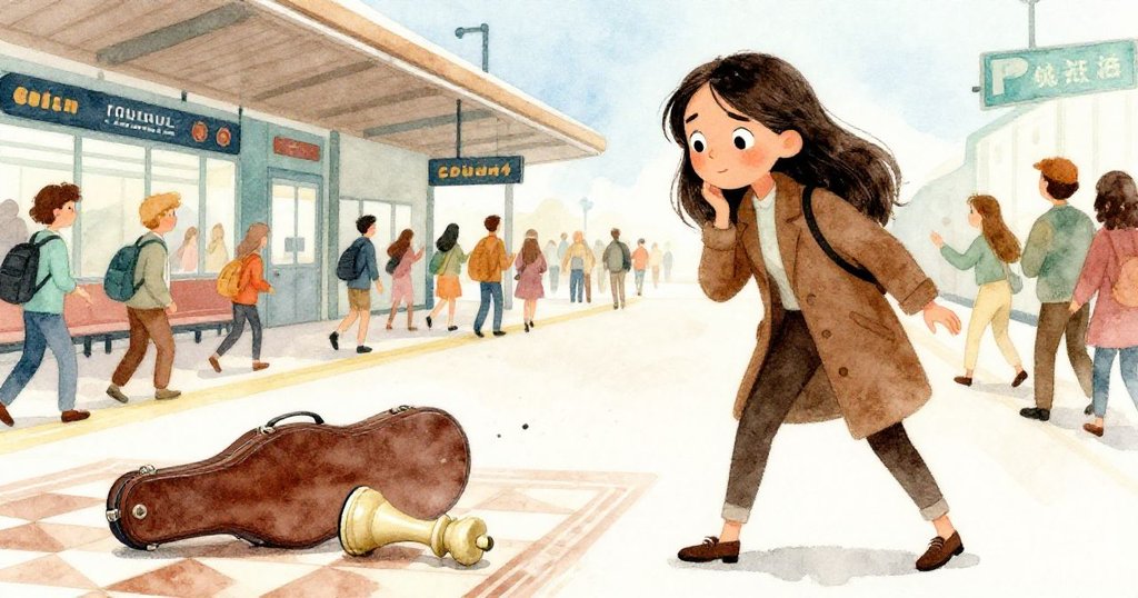 在擁擠人潮中，馬拉的琴箱被推動時輕微碰撞，一顆象牙國王棋子隨之滾落，場面緊湊。