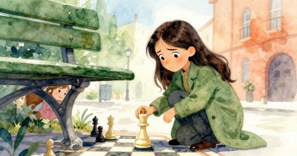 馬拉蹲下身子，在長椅下小心取得滾落的象牙棋王，她的手動作細膩，眼神專注。