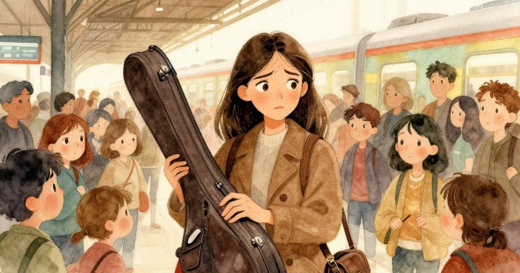 人潮中馬拉急忙調整搖晃的小提琴箱，焦慮與堅定互見，內心掙扎映於燈光下。