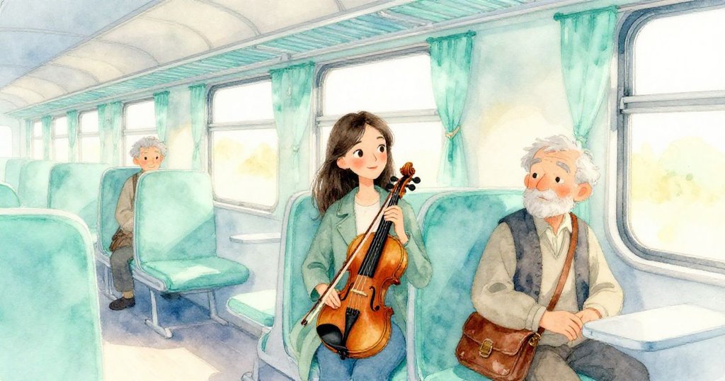 火車車廂內馬拉微笑安坐，小提琴緊靠髖旁，與相鄰老先生共享寧靜旅程，溫馨結局。